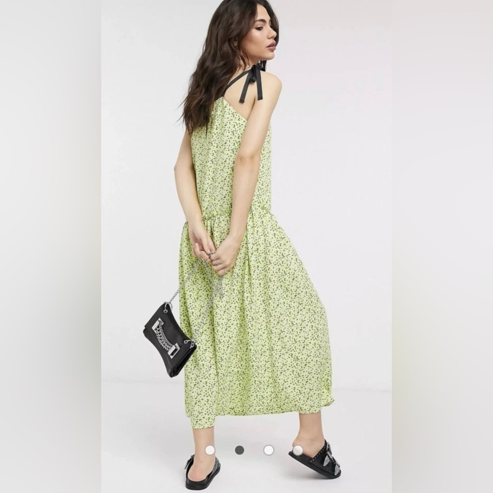 Topshop Women's Tie Strap Floral Ruffle Waist Midi Dress, Green NWOT